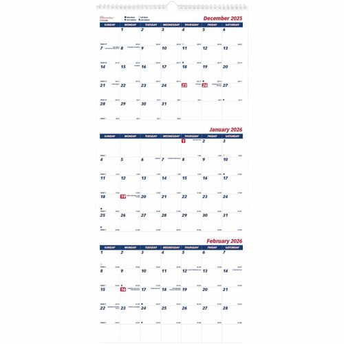 Brownline REDC171128 Three-Month Wall Calendar, 14 Months, December to January
