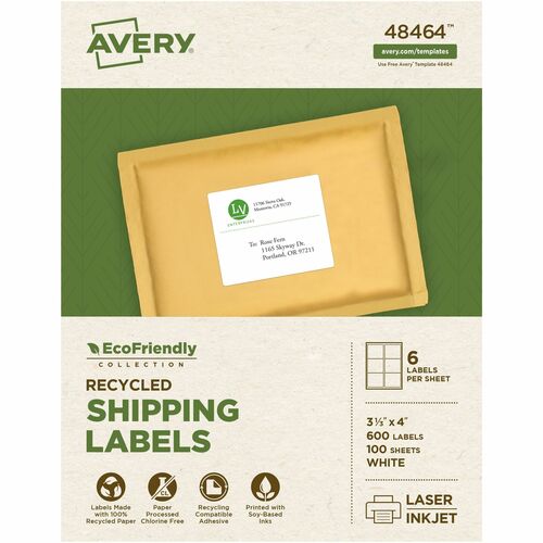 Avery® AVE48464 Mailing Label - Permanent Adhesive - "3.33" Width X 4" Length - 6 / Sheet - Rectangle - Laser, Inkjet - White - Paper - 600 / Box