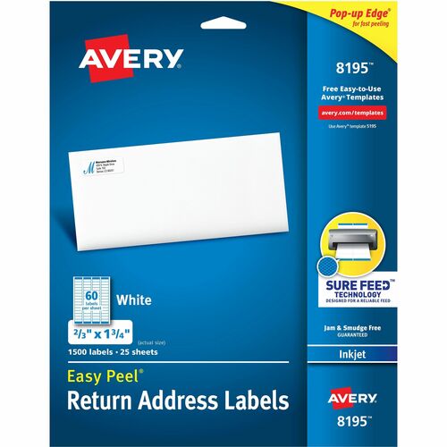 Avery® AVE8195 Easy Peel Return Address Label - Permanent Adhesive - 1.75" Width X 0.66" Length - 60 / Sheet - Rectangle - Inkjet - White - 1500 / Pack