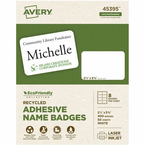Avery® AVE45395 Ecofriendly Name Badges - 2.38" Width X 3.33" Length - 8 / Sheet - Rectangle - Laser, Inkjet - White - 400 / Box