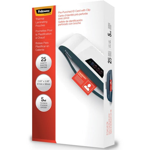 Fellowes FEL52033 Glossy Pouches - Id Tag Punched With Clip, 5 Mil, 25 Pk - 2.6" Height X 3.9" Width X 0" Depth - Clear
