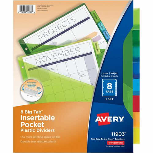 Avery® AVE11903 Avery® Big Tab Insertable Plastic Dividers with Pocketsfor Laser and Inkjet Printers