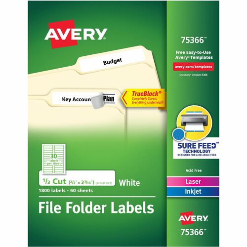 Avery® AVE75366 Trueblock File Folder Label - Permanent Adhesive - 0.67" Width X 3.44" Length - 30 / Sheet - Rectangle - Laser, Inkjet - Bright White - 1800 / Box