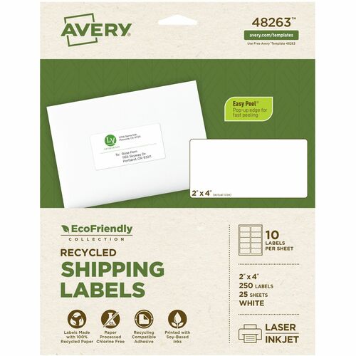Avery® AVE48263 Mailing Label - Permanent Adhesive - "2" Width X 4" Length - 10 / Sheet - Rectangle - Laser, Inkjet - White - Paper - 250 / Pack