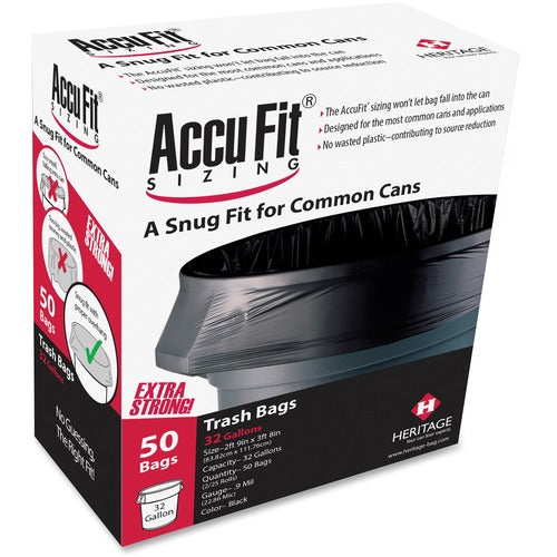 Heritage HERH6644TKRC1 Accufit Can Liner - 32 Gal - 33" Width X 44" Length X 0.90 Mil (23 Micron) Thickness - Low Density - Black - Linear Low-Density Polyethylene (Lldpe) - 50/Box - Garbage