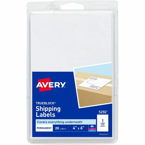 Avery® AVE5292 Shipping Labels With Trueblock Technology - Permanent Adhesive - 4" Width X 6" Length - 1 / Sheet - Rectangle - Laser, Inkjet - White - 20 / Pack