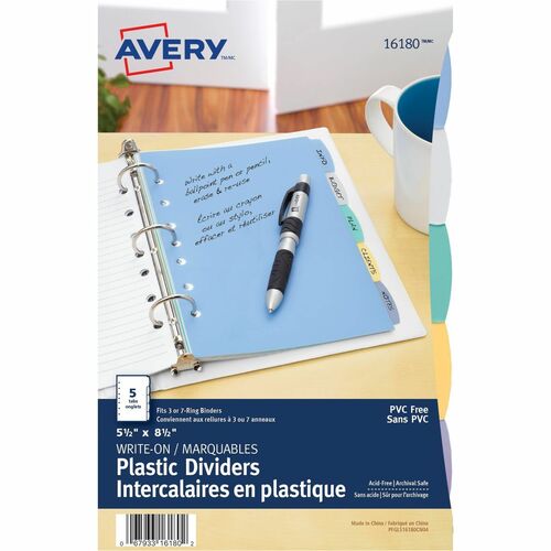 Avery® AVE16180 Avery® Durable Plastic Write-On Dividers 5½" x 8½" , 5 tabs" 5½" x 8½" , 5 tabs