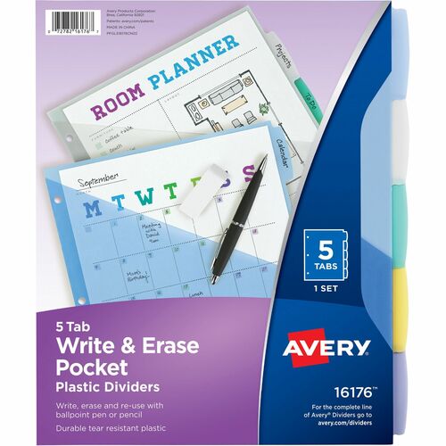 Avery® AVE16176 Avery® Write & Erase Durable Plastic Dividers w/Pockets, 5-tab, Multicolor