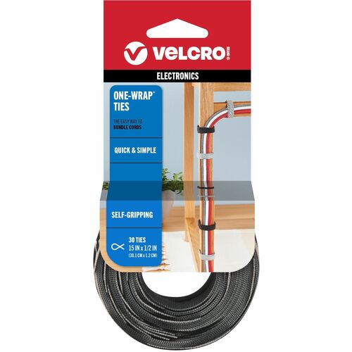VELCRO® VEK94257 ONE-WRAP Thin Ties 15in x 1/2in Ties Gray & Black 30 ct