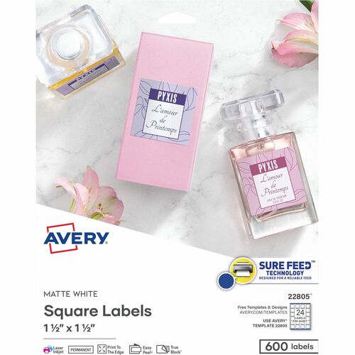 Avery® AVE22805 Multipurpose Label - Permanent Adhesive - 1.50" Width X 1.50" Length - 24 / Sheet - Square - Laser, Inkjet - White - 600 / Pack