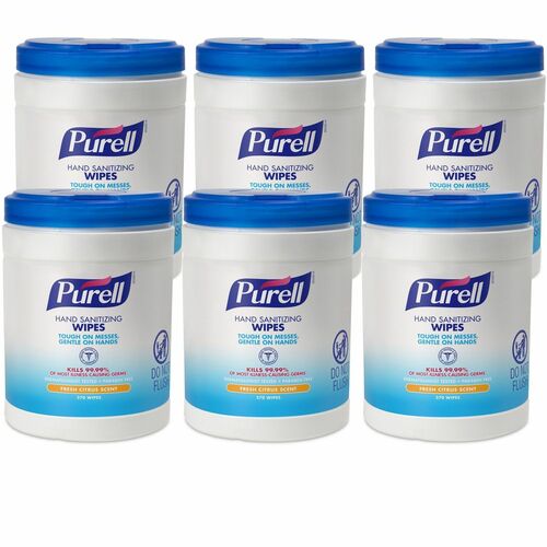 PURELL® GOJ911306CT Sanitizing Wipes - White - Ethyl Alcohol - Lint-Free, Durable, Textured, Individually Wrapped - For Travelling, Food Service, Healthcare, Hospitality, General Purpose, Hand - 270 Sheets Per Canister - 6 / Carton