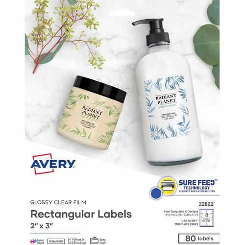 Avery® AVE22822 Easy Peel Rectangle Label - Permanent Adhesive - "2" Width X 3" Length - 8 / Sheet - Rectangle - Inkjet, Laser - Clear - Paper - 80 / Pack