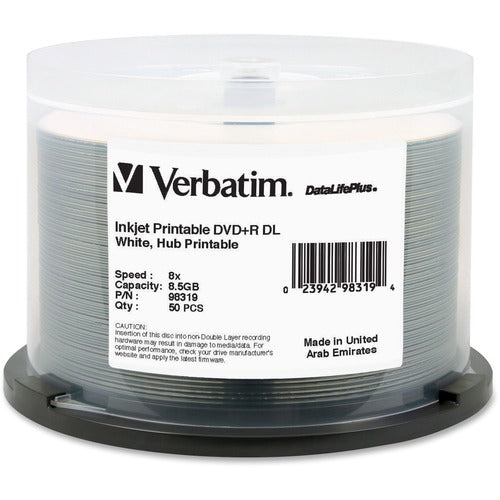 Verbatim VER98319 Dvd+R Dl 8.5Gb 8X Datalifeplus White Inkjet Printable, Hub Printable - 50Pk Spindle - 120Mm - Printable - Inkjet Printable