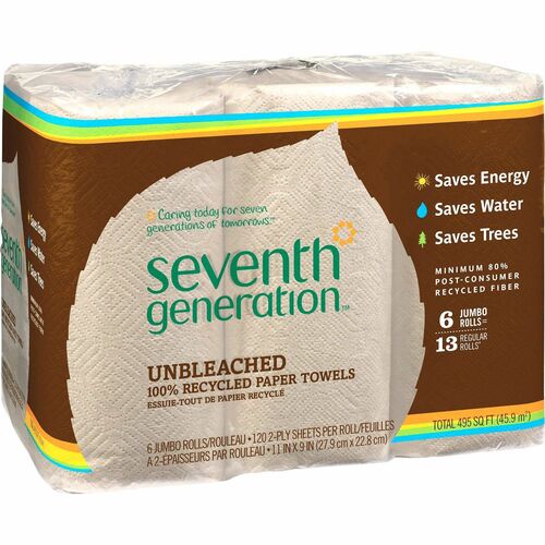 Seventh Generation SEV13737 Recycled Unbleached Paper Towels - 2 Ply - Natural - 11" X 9" - 120 Sheets/Roll - Natural - Paper - Absorbent, Hypoallergenic, Unbleached, Chlorine-Free, Fragrance-Free, Dye-Free - For Kitchen - 6 / Pack
