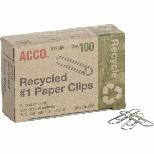 ACCO ACC72365PK Recycled Paper Clips - No. 1 - 10 Sheet Capacity - Durable, Reusable - 100 / Pack - Silver - Metal