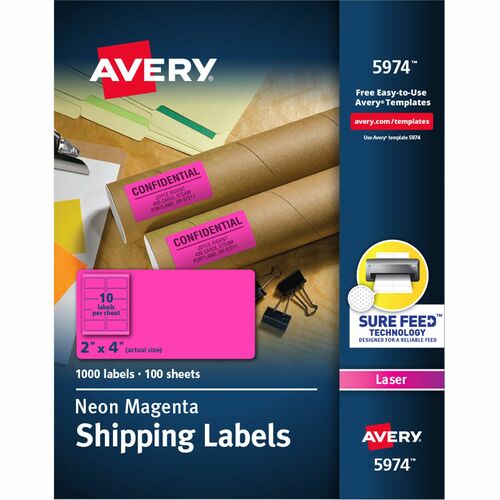 Avery® AVE5974 High-Visibility Neon Shipping Labels - Permanent Adhesive - "4" Width X 2" Length - 10 / Sheet - Rectangle - Laser - Neon Magenta - Paper - 1000 / Box