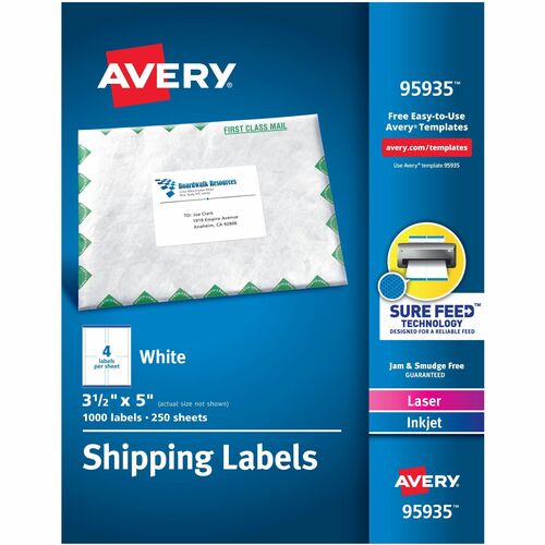 Avery® AVE95935 Laser Inkjet Printer White Shipping Labels - Permanent Adhesive - "3.50" Width X 5" Length - 4 / Sheet - Rectangle - Laser, Inkjet - White - Paper - 1000 / Box