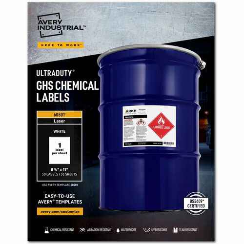 Avery® AVE60501 Ultraduty Ghs Chemical Laser Labels - Permanent Adhesive - "8.50" Width X 11" Length - 1 / Sheet - Rectangle - Laser - White - Polyester Film - 50 / Box