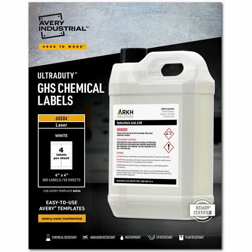 Avery® AVE60504 Ultraduty Ghs Chemical Laser Labels - Permanent Adhesive - "4" Width X 4" Length - 4 / Sheet - Square - Laser - White - Polyester Film - 200 / Box