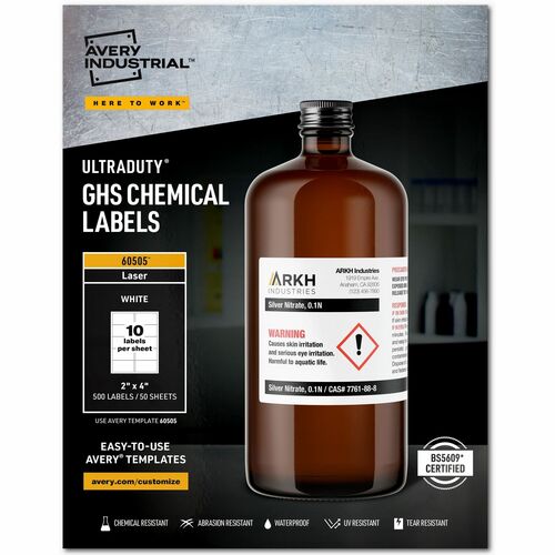 Avery® AVE60505 Ultraduty Ghs Chemical Laser Labels - Permanent Adhesive - "4" Width X 2" Length - 10 / Sheet - Rectangle - Laser - White - Polyester Film - 500 / Box