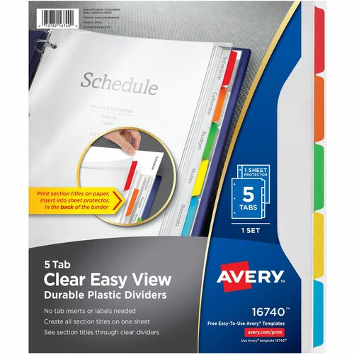 Avery® AVE16740 Avery® Clear Easy View Durable Plastic Dividers 5 tabs, 1 set