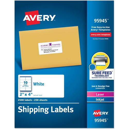 Avery® AVE95945 Laser Inkjet Printer White Shipping Labels - Permanent Adhesive - 2500 Label(S)" - 2" Width X 4" Length - 10 / Sheet - Rectangle - Laser, Inkjet - Bright White - 2500 / Box