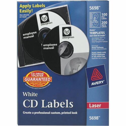 Avery® AVE5698 Cd/Dvd And Jewel Case Spine Label - Permanent Adhesive Length - 2 / Sheet - Circle - Laser - White - 100 / Pack