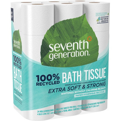 Seventh Generation SEV13738 Recycled Bathroom Tissue - 2 Ply - 300 Sheets/Roll - White - Paper - Chlorine-Free, Chemical-Free, Dye-Free, Fragrance-Free, Soft - For Bathroom - 24 / Pack
