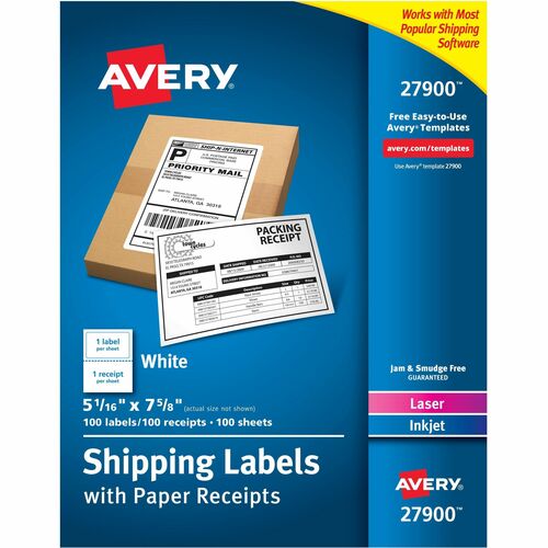 Avery® AVE27900 Paper Receipt White Shipping Labels - Permanent Adhesive - 100 Label(S)" - 5.06" Width X 7.62" Length - 1 / Sheet - Rectangle - Laser, Inkjet - White - Paper - 100 / Box