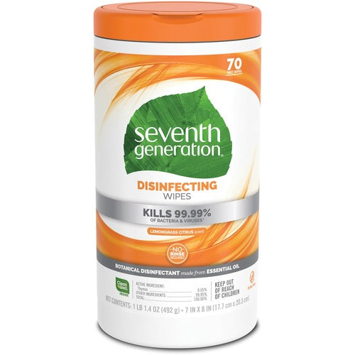 Seventh Generation SEV22813CT Lemongrass Scented Disinfecting Wipes - Wipe - Lemongrass Citrus Scent - 7" Width X 8" Length - 70 / Canister - 6 / Carton