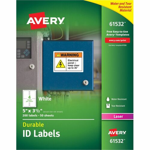 Avery® AVE61532 Durable Id Labels - Permanent Adhesive - "5" Width X 3.50" Length - 4 / Sheet - Rectangle - Laser - White - Polyester - 200 / Box