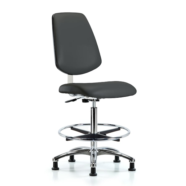 Blue Ridge Ergonomics CLR-VHBCH-MB-CR-CF-RG-8605 Class 10 Clean Room Vinyl Chair Chrome - High Bench Height with Medium Back, Chrome Foot Ring, & Stationary Glides in Charcoal Trailblazer™ Vinyl