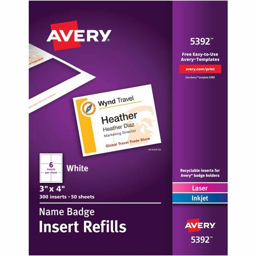 Avery® AVE5392 Name Badge Insert Refill - 4" Width X 3" Length - Rectangle - Laser, Inkjet - White - 300 / Box