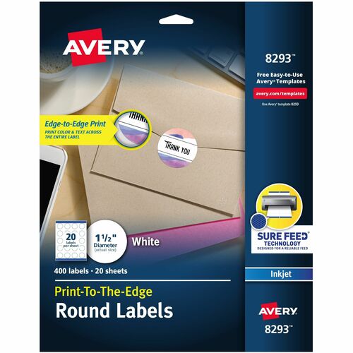 Avery® AVE8293 High Visibility Label - Permanent Adhesive - 1.50" Diameter - Circle - Inkjet - White - 20 / Pack