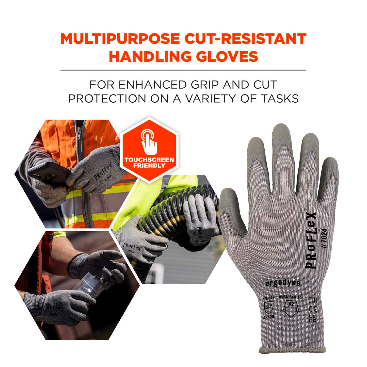 Ergodyne 10392 ProFlex 7024 PU Coated Cut-Resistant Gloves - ANSI A2, EN388: 4X42B, 13g