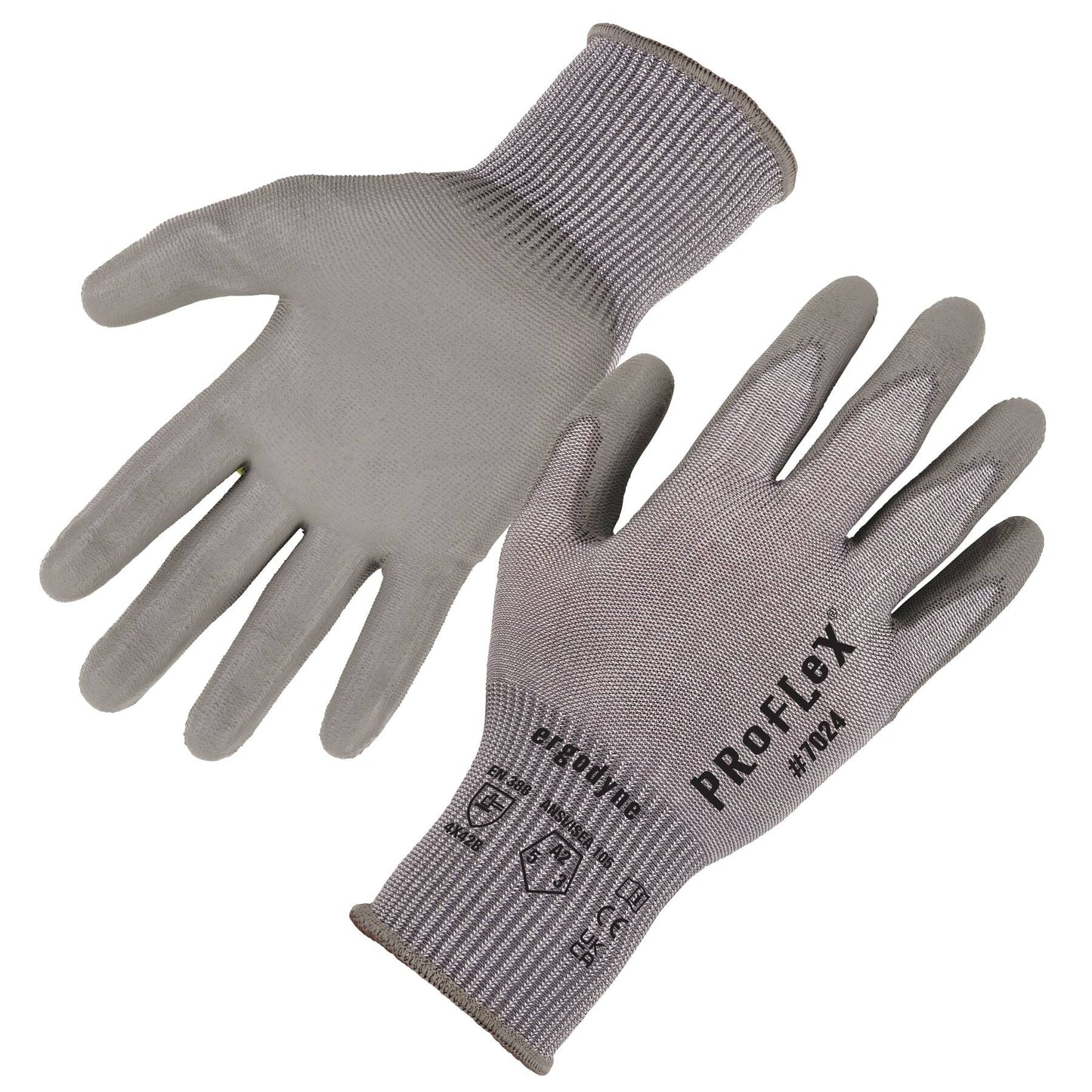 Ergodyne 10402 ProFlex 7024 PU Coated Cut-Resistant Gloves - ANSI A2, EN388: 4X42B, 13g S (Gray)