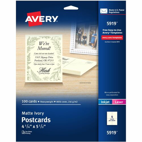 Avery® AVE5919 Avery® Postcards, Ivory, Two-Sided, 4-1/4" x 5-1/2" , 100 Cards (5919)