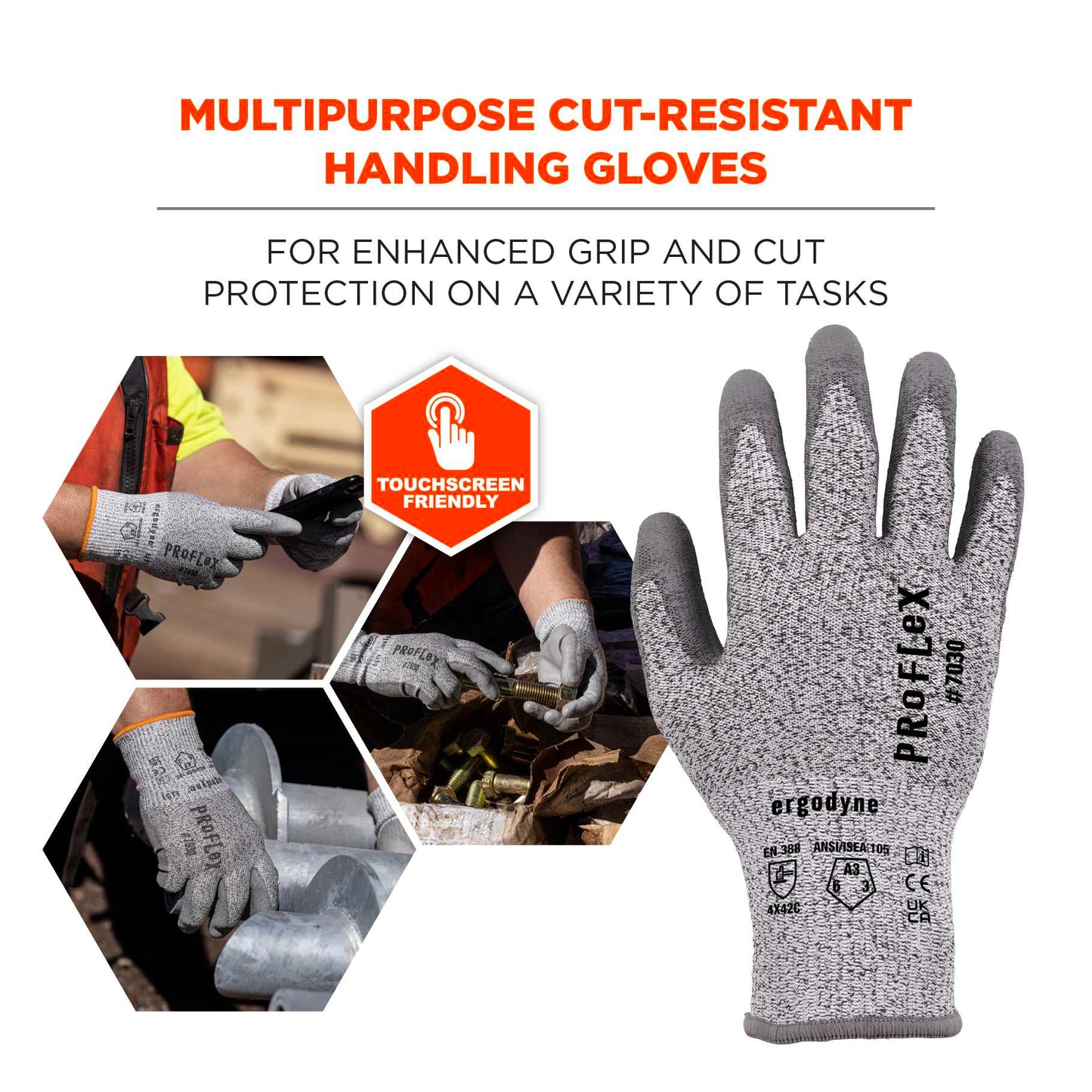 Ergodyne 10452 ProFlex 7030 PU Coated Cut-Resistant Gloves - ANSI A3, EN388: 4X42C, 13g