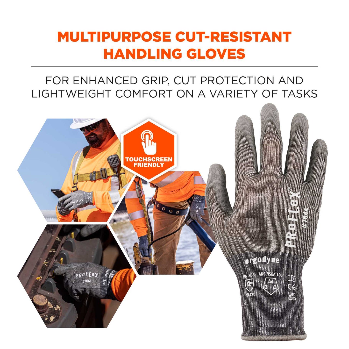 Ergodyne 10482 ProFlex 7044 PU Coated Cut-Resistant Gloves - ANSI A4, EN 388: 4X42D, 18g