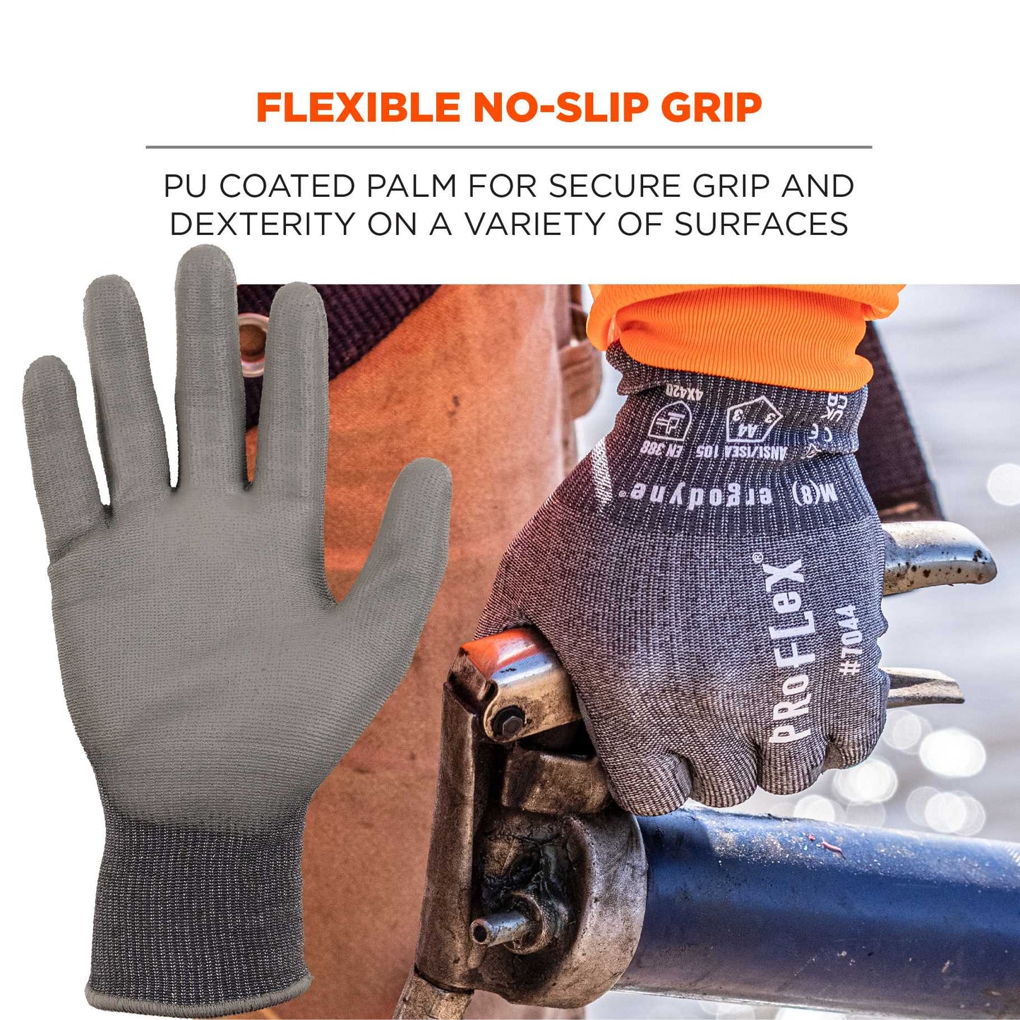 Ergodyne 10482 ProFlex 7044 PU Coated Cut-Resistant Gloves - ANSI A4, EN 388: 4X42D, 18g