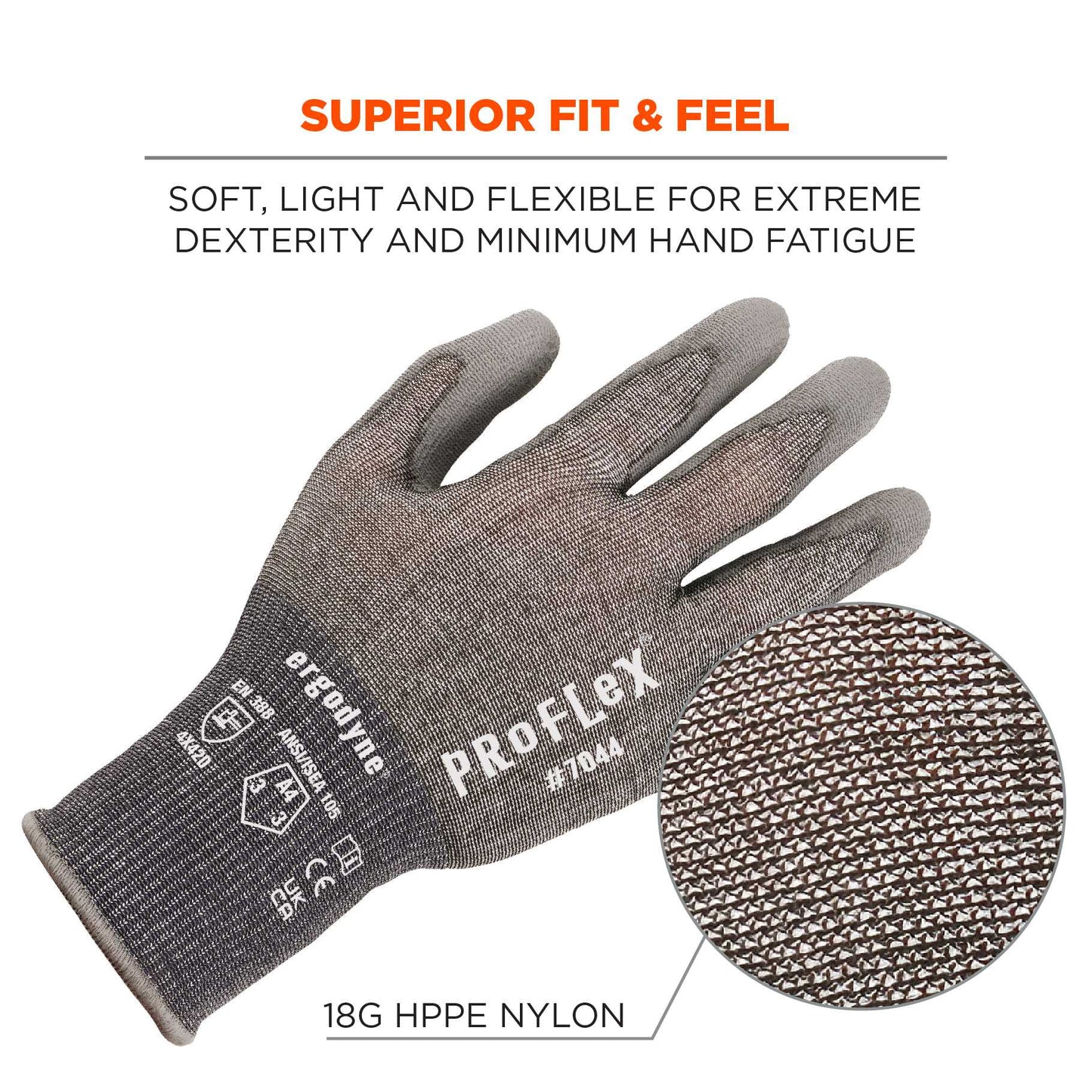 Ergodyne 10485 ProFlex 7044 PU Coated Cut-Resistant Gloves - ANSI A4, EN 388: 4X42D, 18g