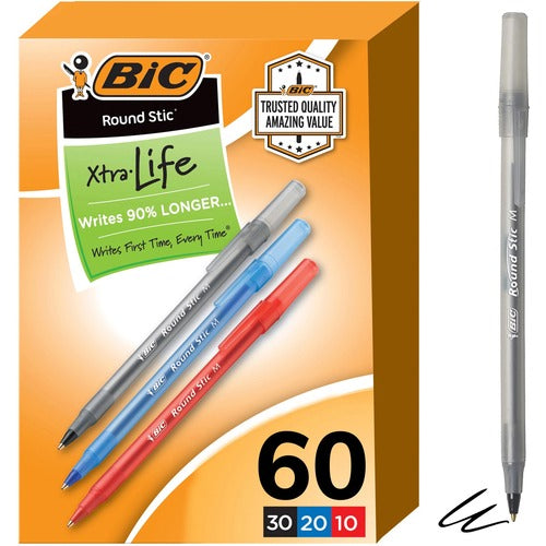 BIC BICGSM609AST Round Stic Xtra Life Ball Point Pen, Assorted