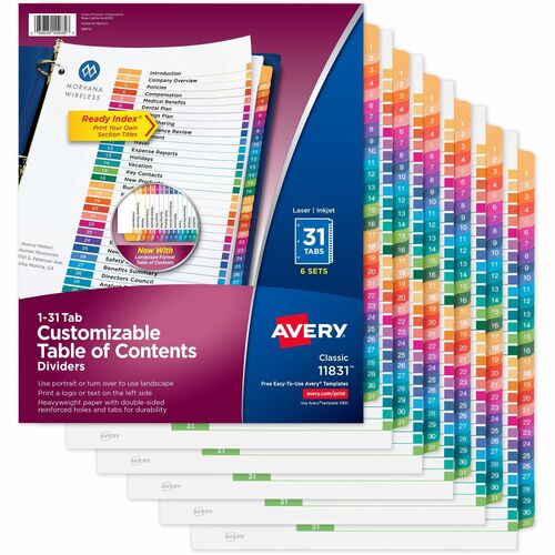 Avery® AVE11831 Avery® Ready Index 31 Tab Dividers, Customizable TOC, 6 Sets
