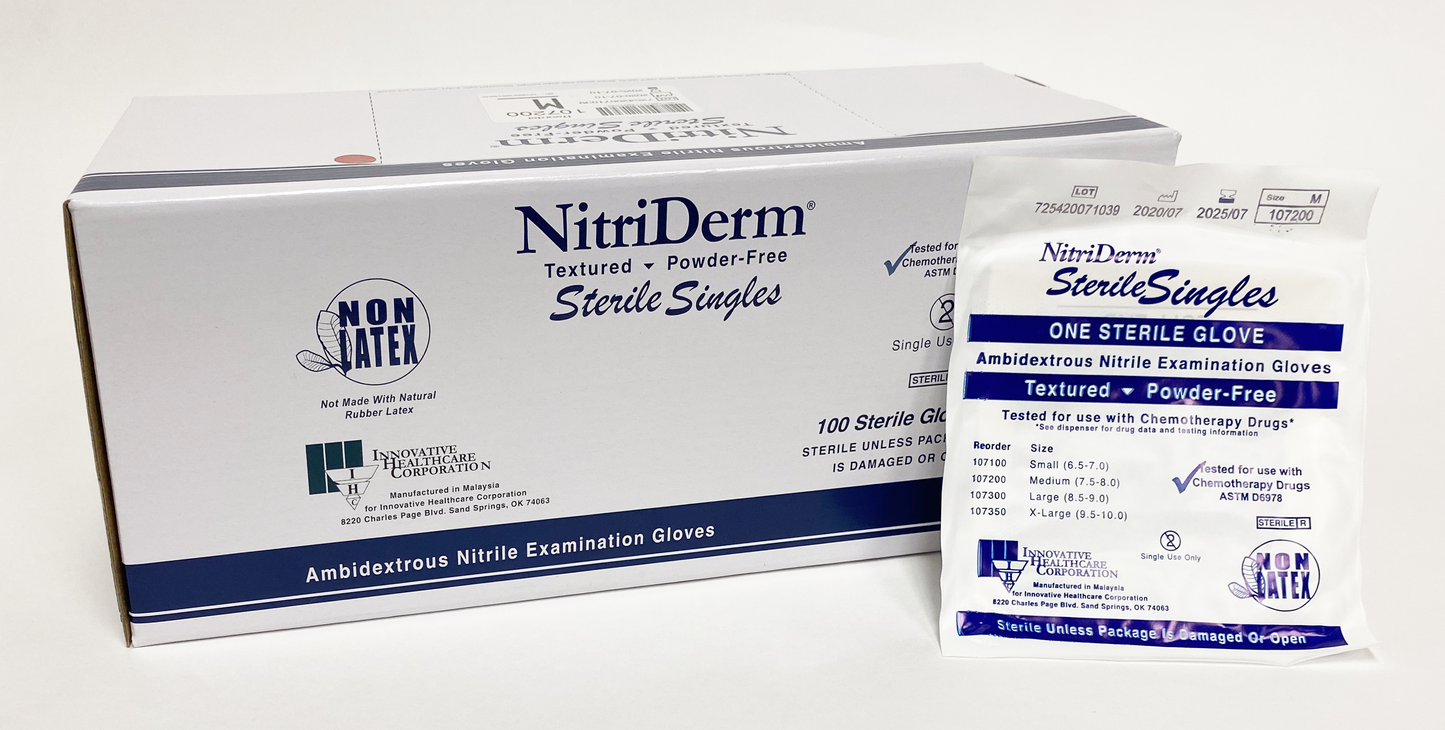 Innovative Healthcare 107200 Nitriderm Nitrile Sterile Exam Gloves – Singles - M, 100 Gloves/Bx, 4 Bx/Cs