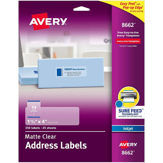 Avery® AVE8662 Easy Peel Mailing Label - Permanent Adhesive - 1.33" Width X 4" Length - 14 / Sheet - Rectangle - Inkjet - Clear - 350 / Pack