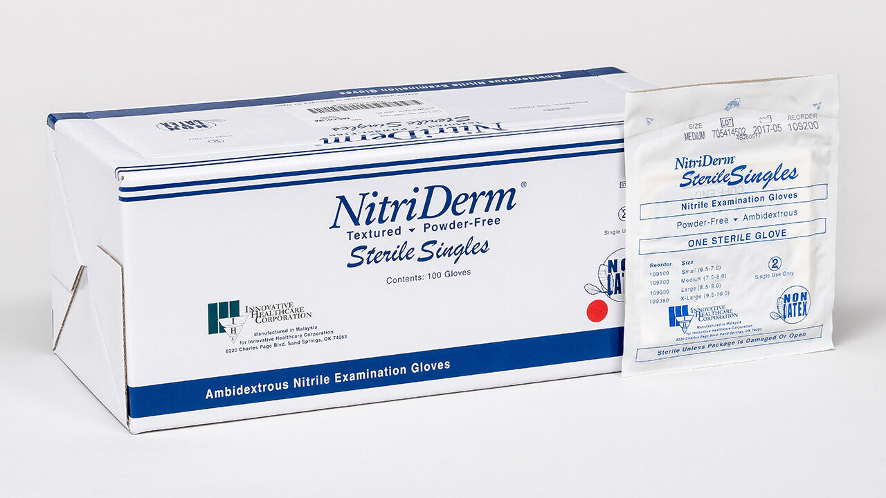 Innovative Healthcare 109200 Nitriderm Nitrile Sterile Exam Gloves – Singles - M, 100 Gloves/Bx, 4 Bx/Cs