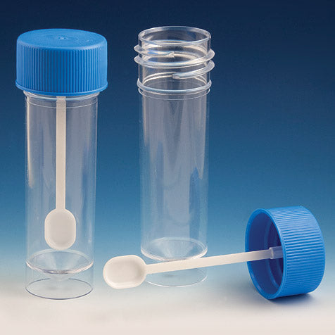 Globe Scientific 109117 Container Fecal 30mL Attached Screwcap with Spoon PS Conical Bottom Self-Standing 100/Bag 5 Bags/Unit
