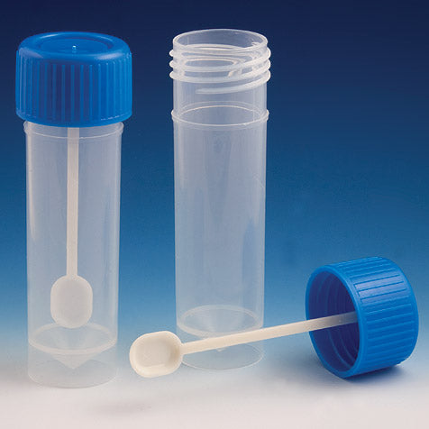 Globe Scientific 109120 Container Fecal 30mL Attached Screw Cap with Spoon PP Conical Bottom Self-Standing 100/Bag 5 Bags/Unit