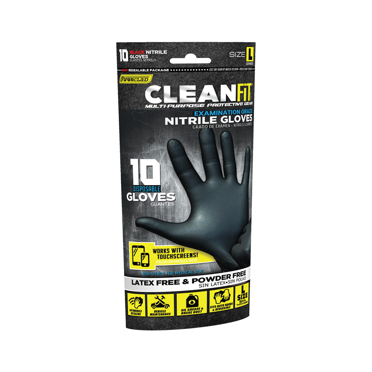 Ironclad M02013 L- (Black)-5Mi-10 pk, CLEAN-FIT DISPOSABLE NITRILE GLOVES-POWDER-FREE