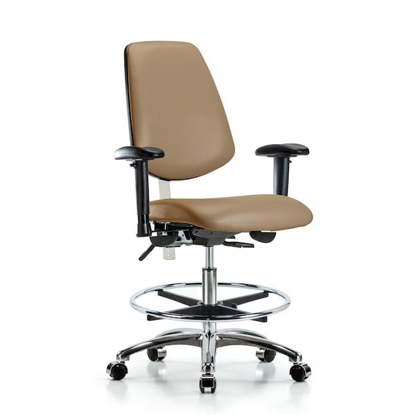 Blue Ridge Ergonomics NCR-VMBCH-MB-CR-T0-A1-CF-CC-8584 Class 100 Vinyl Clean Room Chair - Medium Bench Height with Medium Back, Adjustable Arms, Chrome Foot Ring, & Casters in Taupe Trailblazer™ Vinyl
